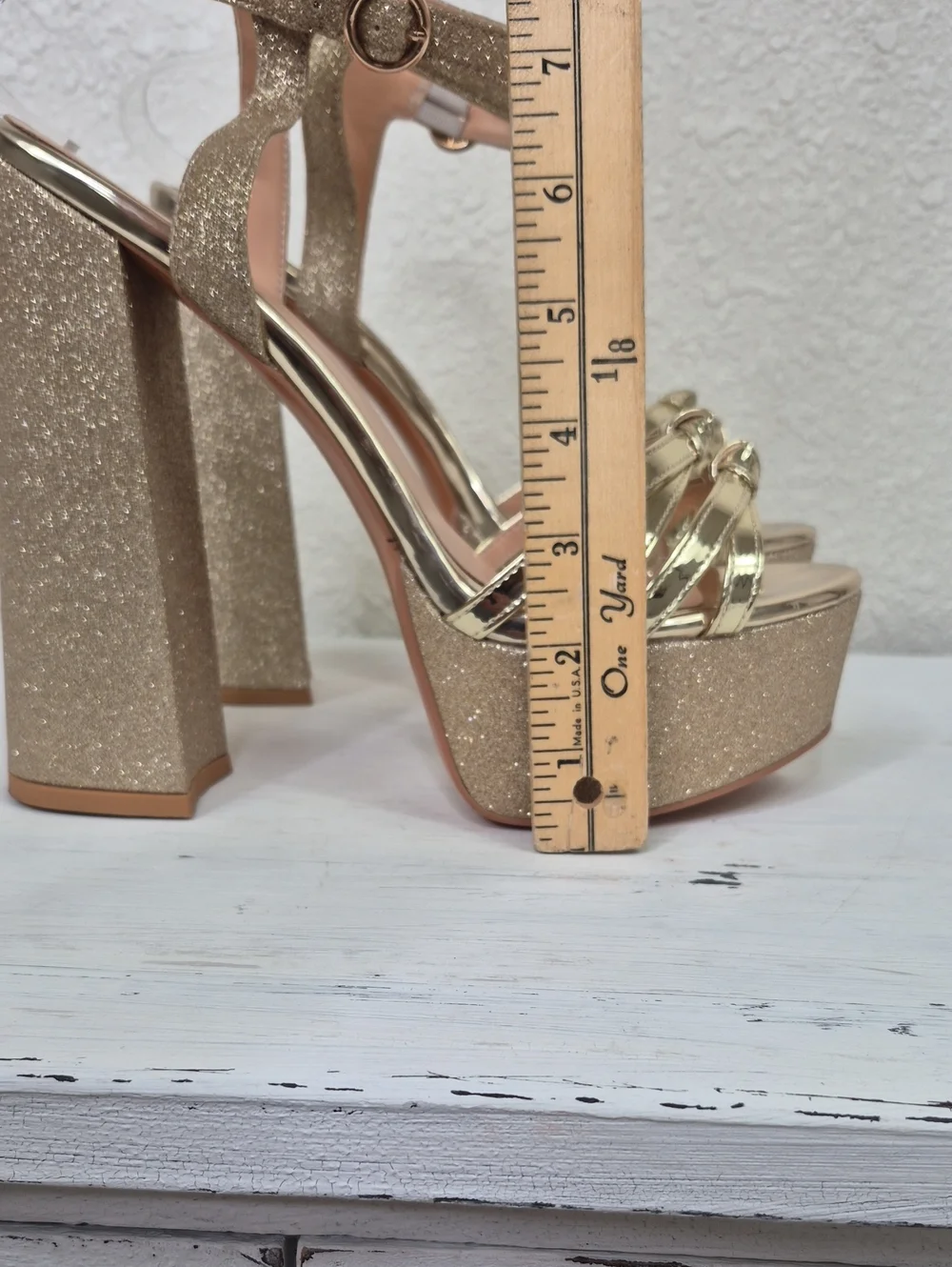 Gold Glitter Platform Block Heel Shoes Sandals Women's 10